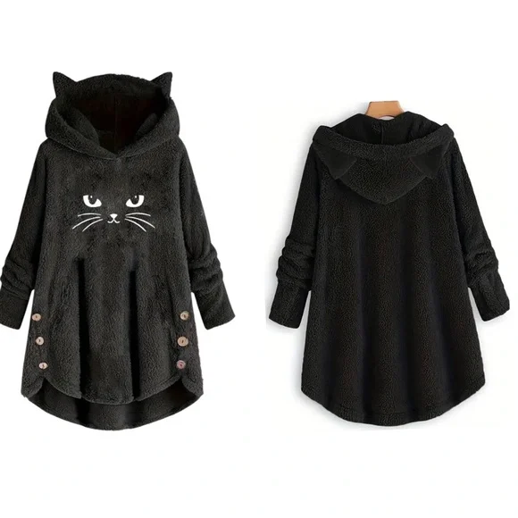 🆕 Cat Print Plush Hoodie, Long Sleeve Button Down Sweatshirt, Casual Dipped Hem - Picture 4 of 9